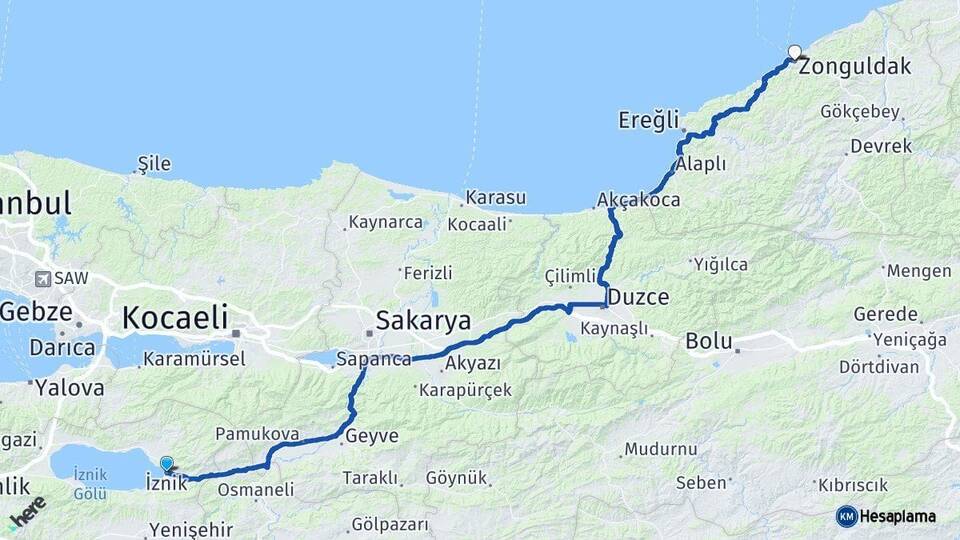 Bursa İznik Zonguldak Arası Kaç Km - Yol Haritası