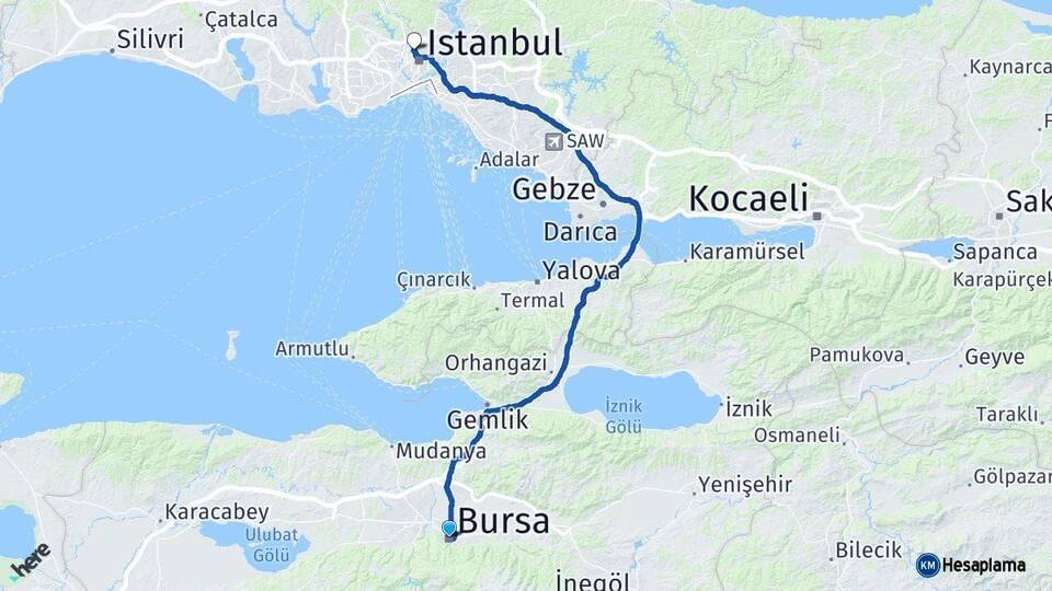 Bursa Kağıthane İstanbul Arası Kaç Km - Yol Haritası