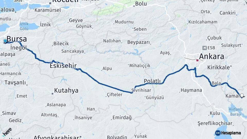 Bursa Kaman Kırşehir Arası Kaç Km - Yol Haritası