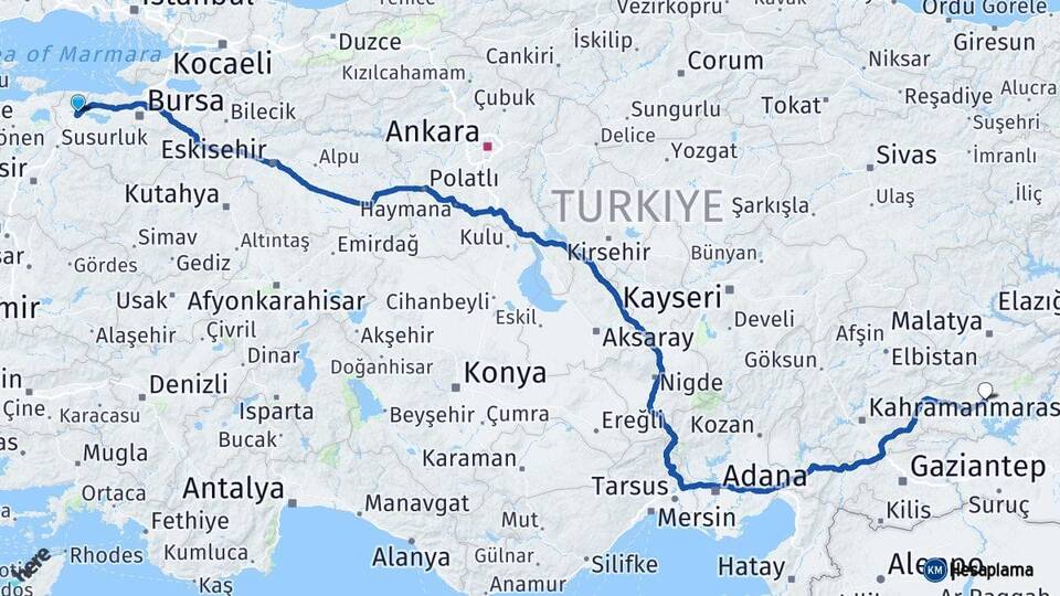 Bursa Karacabey Adıyaman Arası Kaç Km - Yol Haritası
