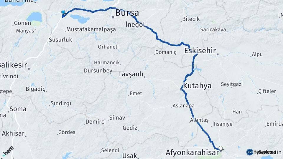 Bursa Karacabey Afyonkarahisar Arası Kaç Km - Yol Haritası
