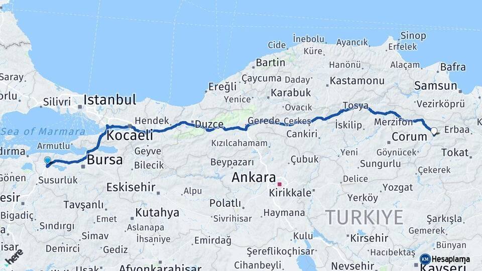 Bursa Karacabey Amasya Arası Kaç Km - Yol Haritası