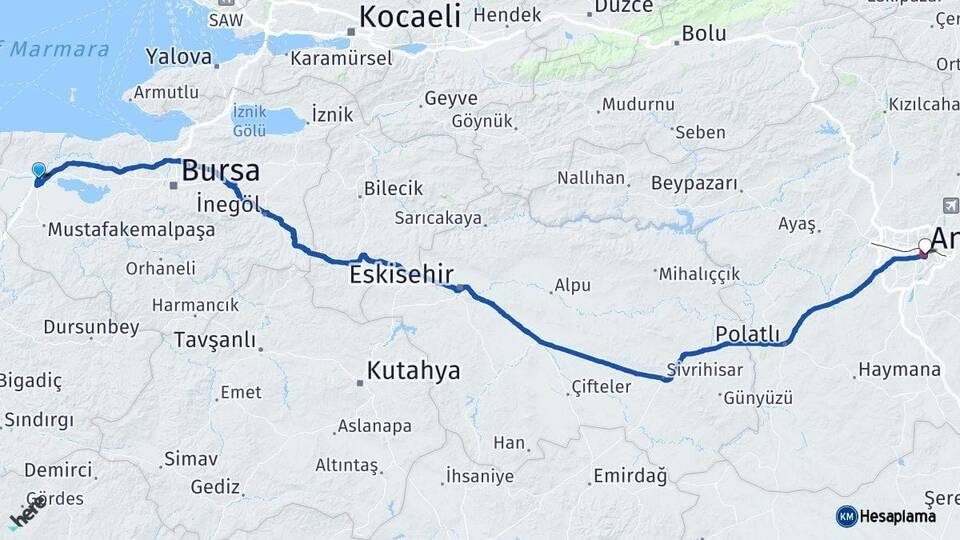 Bursa Karacabey Ankara Arası Kaç Km - Yol Haritası