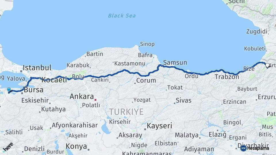 Bursa Karacabey Artvin Arası Kaç Km - Yol Haritası
