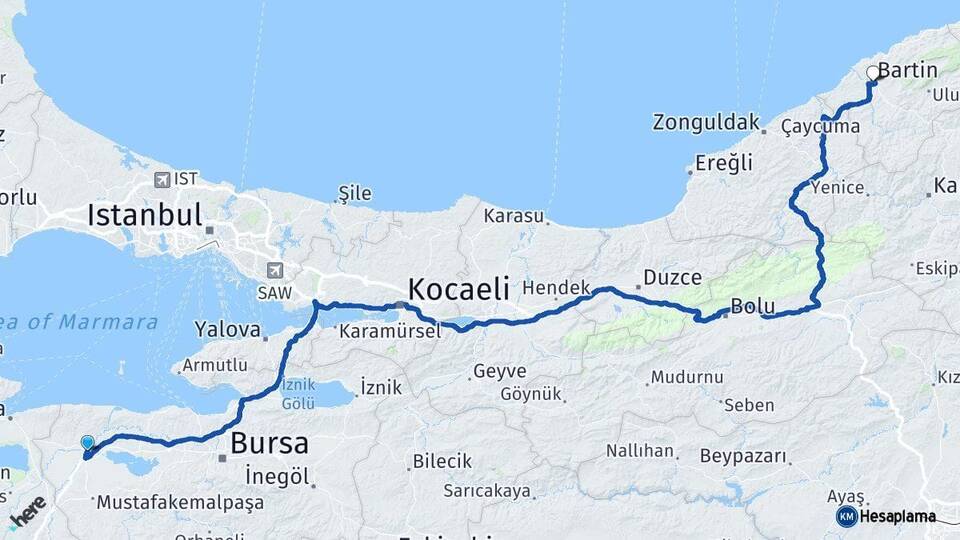 Bursa Karacabey Bartın Arası Kaç Km - Yol Haritası