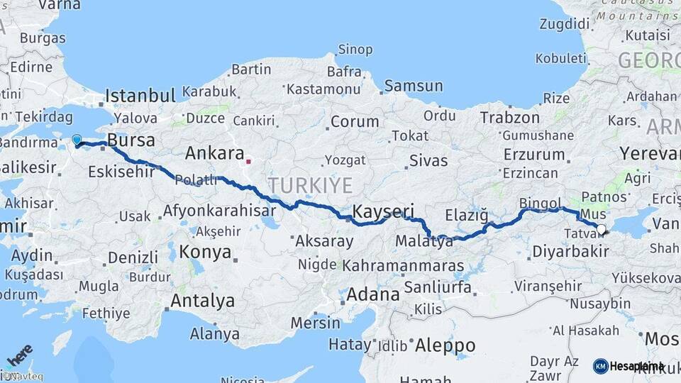 Bursa Karacabey Bitlis Arası Kaç Km - Yol Haritası
