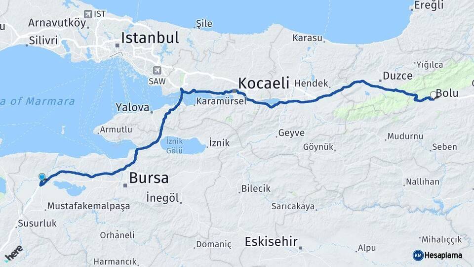 Bursa Karacabey Bolu Arası Kaç Km - Yol Haritası