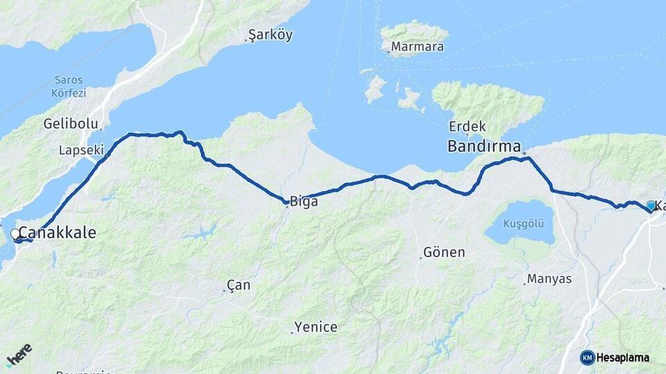Bursa Karacabey Çanakkale Arası Kaç Km - Yol Haritası