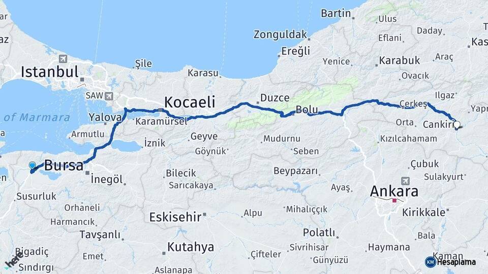Bursa Karacabey Çankırı Arası Kaç Km - Yol Haritası