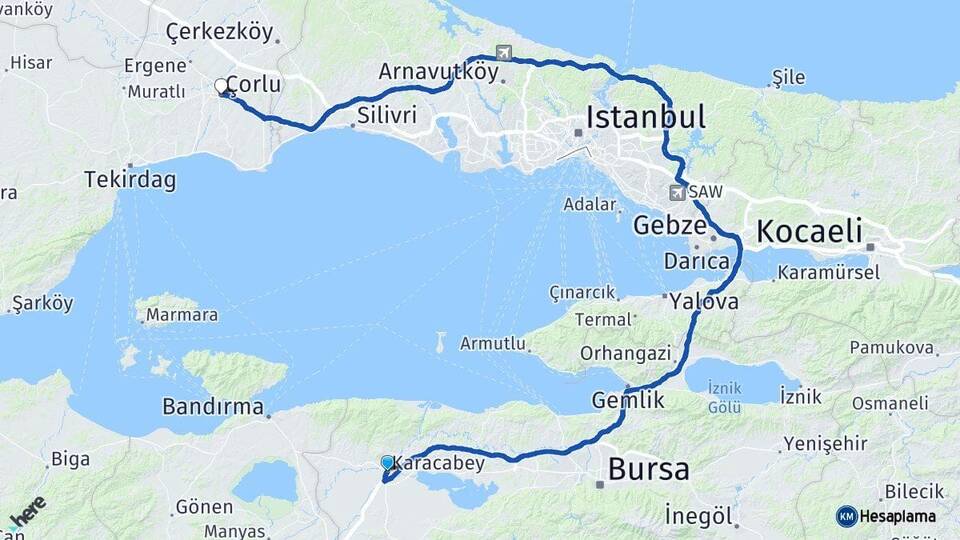 Bursa Karacabey Çorlu Tekirdağ Arası Kaç Km - Yol Haritası