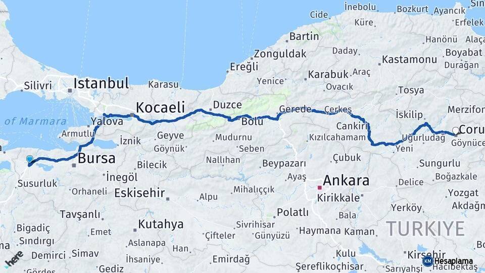 Bursa Karacabey Çorum Arası Kaç Km - Yol Haritası
