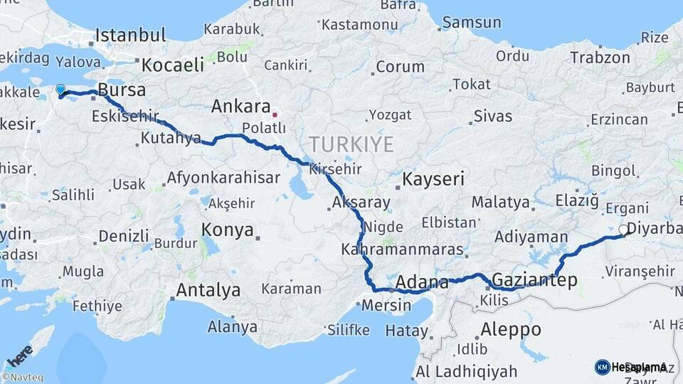 Bursa Karacabey Diyarbakır Arası Kaç Km - Yol Haritası