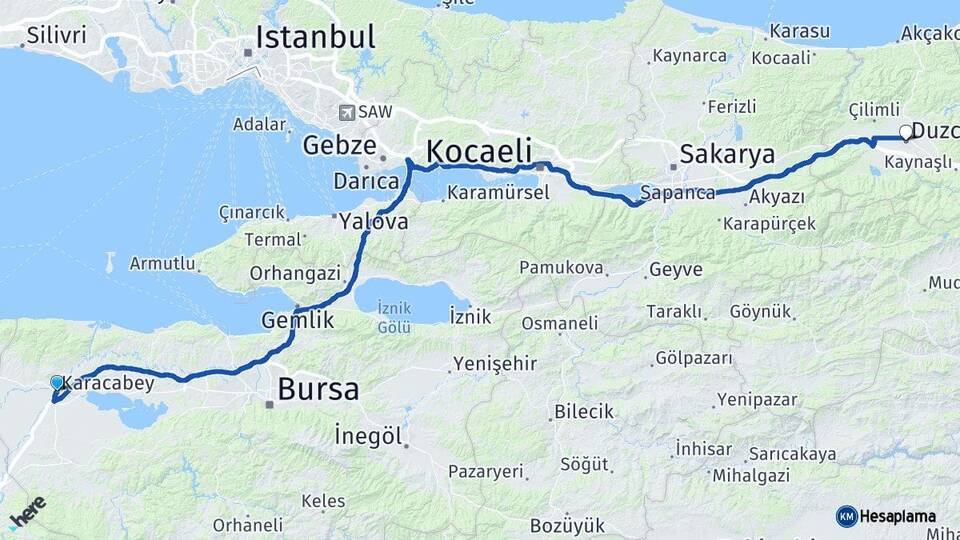 Bursa Karacabey Düzce Arası Kaç Km - Yol Haritası