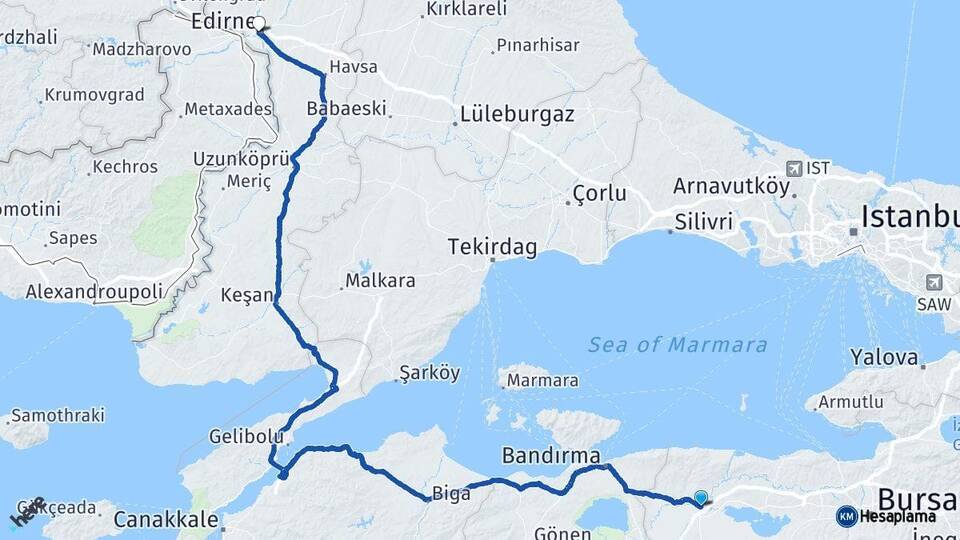 Bursa Karacabey Edirne Arası Kaç Km - Yol Haritası