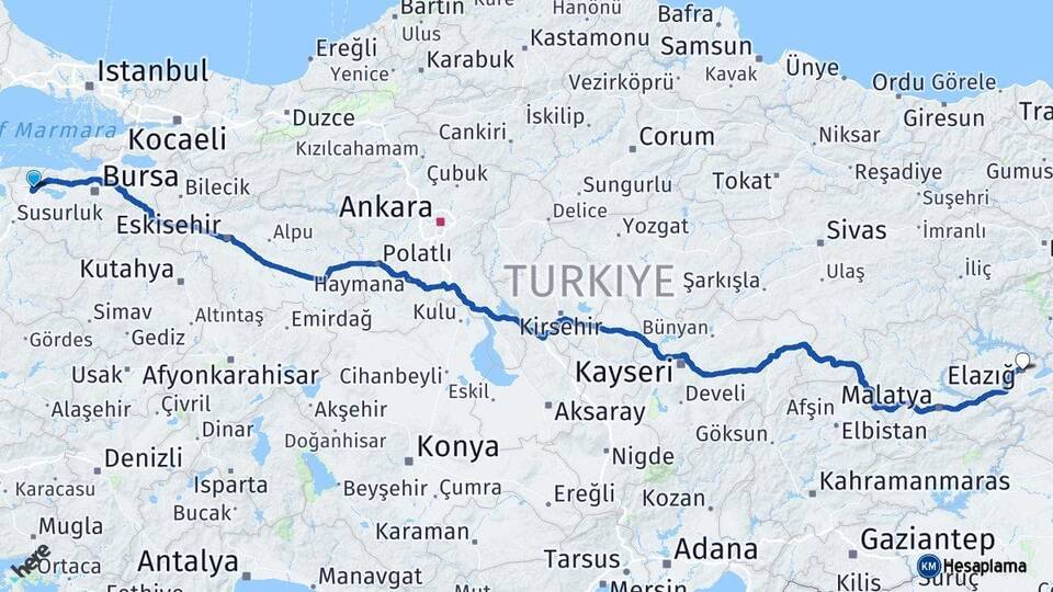 Bursa Karacabey Elazığ Arası Kaç Km - Yol Haritası