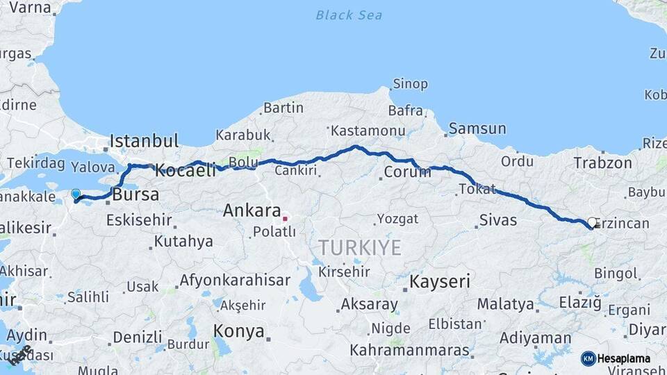 Bursa Karacabey Erzincan Arası Kaç Km - Yol Haritası