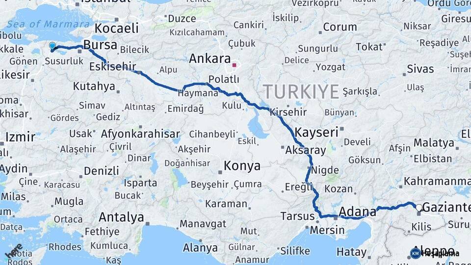 Bursa Karacabey Gaziantep Arası Kaç Km - Yol Haritası