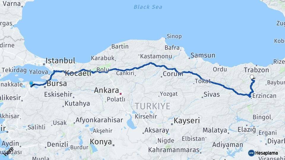 Bursa Karacabey Gümüşhane Arası Kaç Km - Yol Haritası