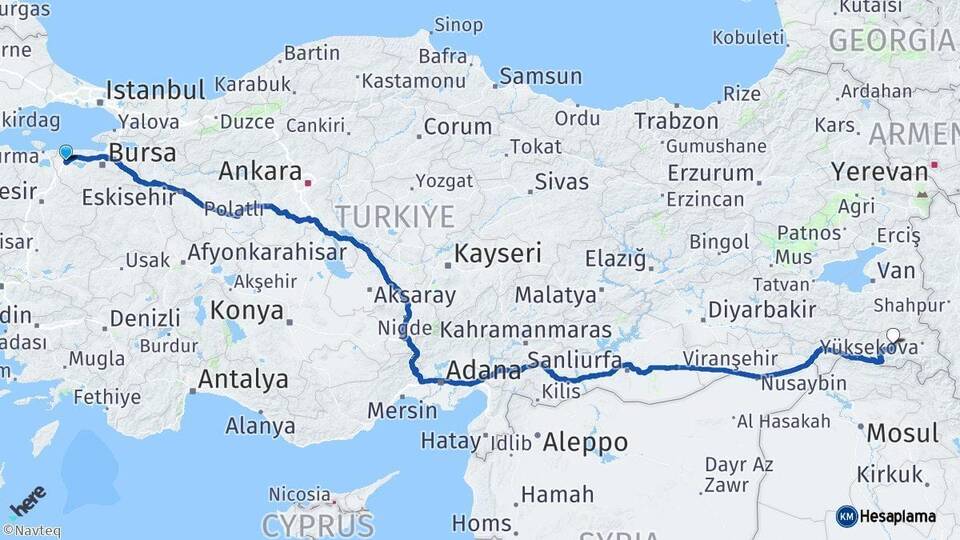 Bursa Karacabey Hakkari Arası Kaç Km - Yol Haritası