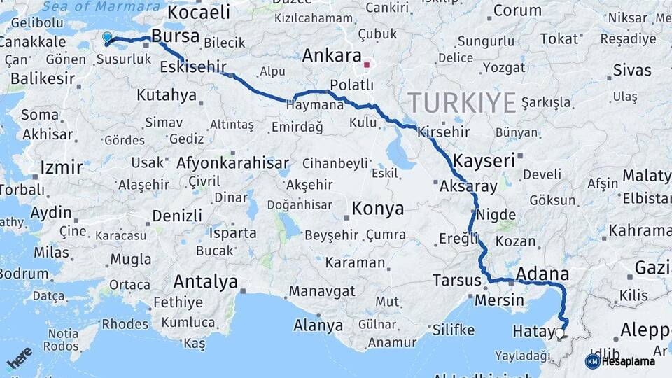 Bursa Karacabey Hatay Arası Kaç Km - Yol Haritası