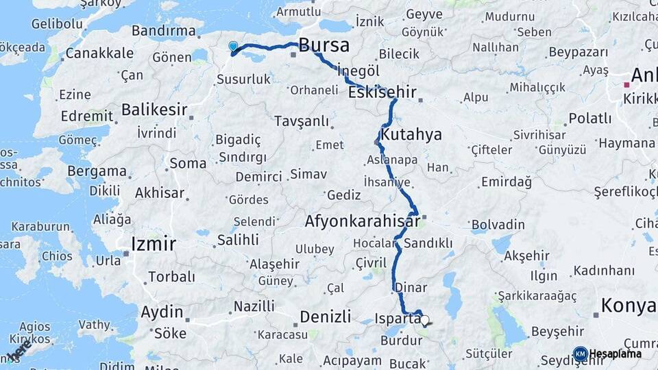 Bursa Karacabey Isparta Arası Kaç Km - Yol Haritası