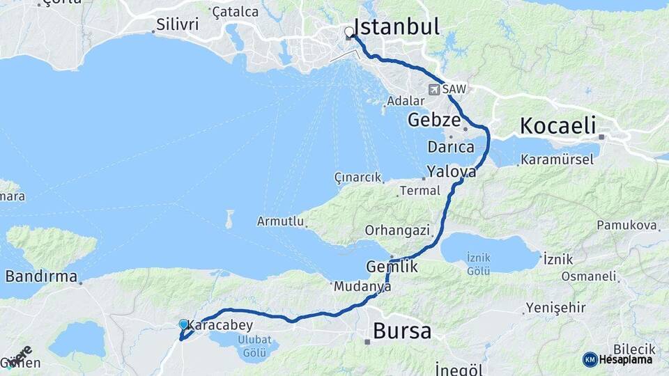 Bursa Karacabey İstanbul Arası Kaç Km - Yol Haritası