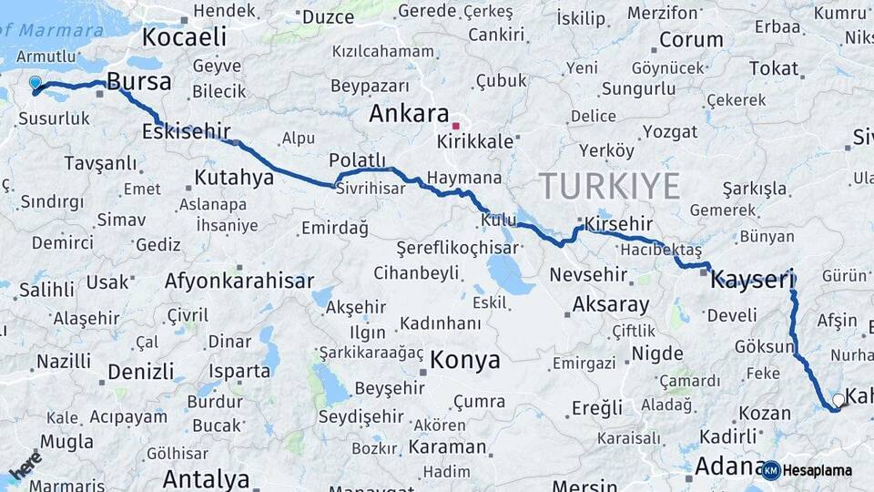Bursa Karacabey Kahramanmaraş Arası Kaç Km - Yol Haritası