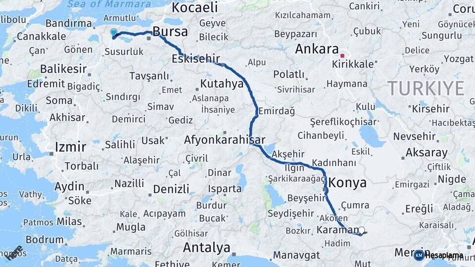 Bursa Karacabey Karaman Arası Kaç Km - Yol Haritası