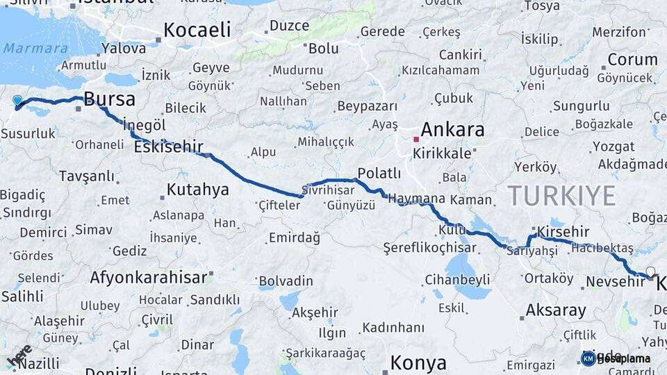 Bursa Karacabey Kayseri Arası Kaç Km - Yol Haritası