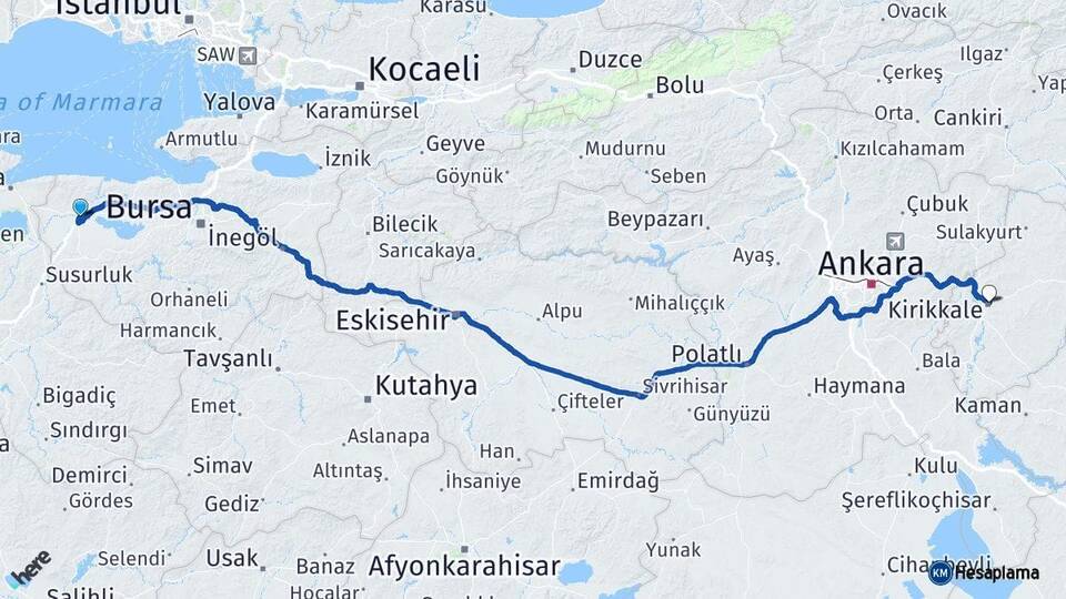 Bursa Karacabey Kırıkkale Arası Kaç Km - Yol Haritası