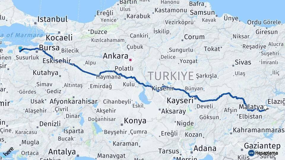 Bursa Karacabey Malatya Arası Kaç Km - Yol Haritası