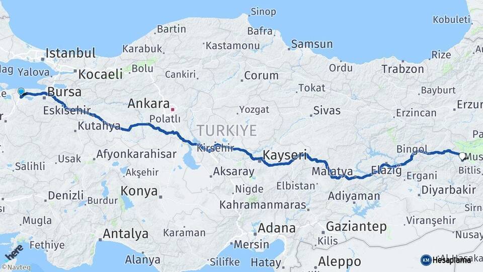 Bursa Karacabey Muş Arası Kaç Km - Yol Haritası
