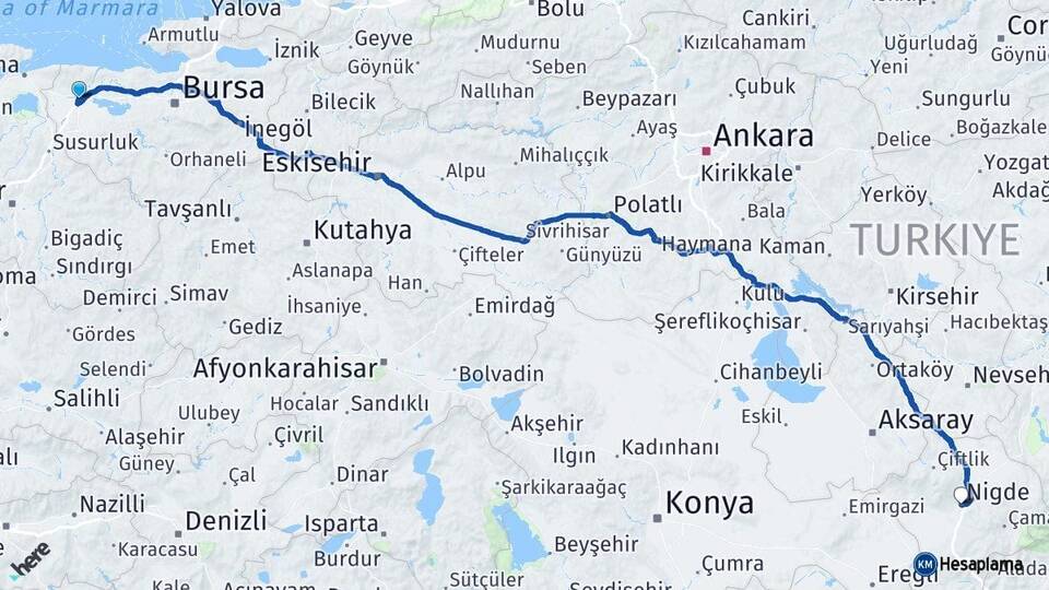 Bursa Karacabey Niğde Arası Kaç Km - Yol Haritası