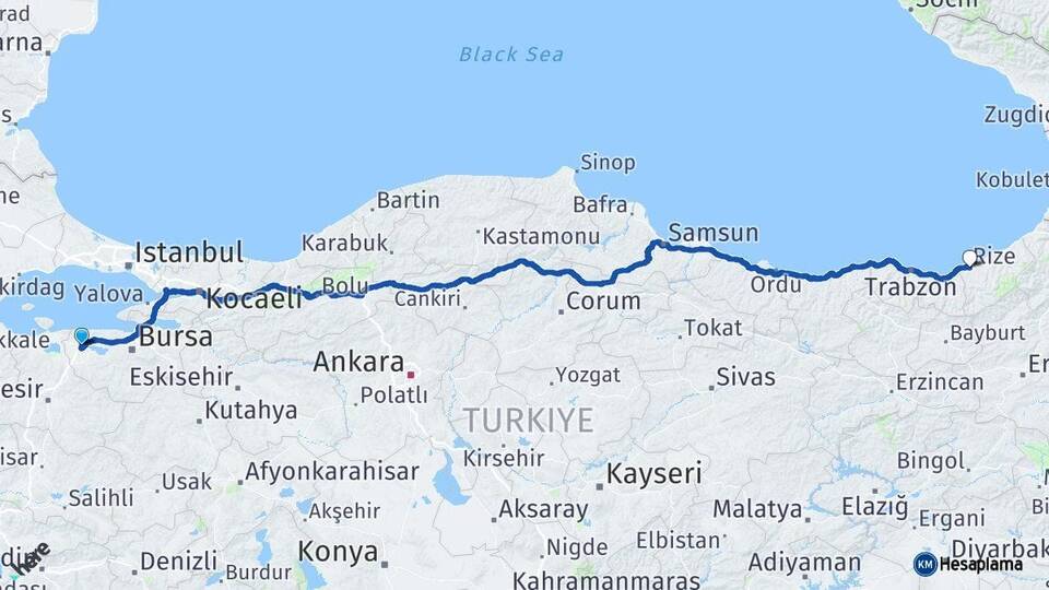 Bursa Karacabey Rize Arası Kaç Km - Yol Haritası