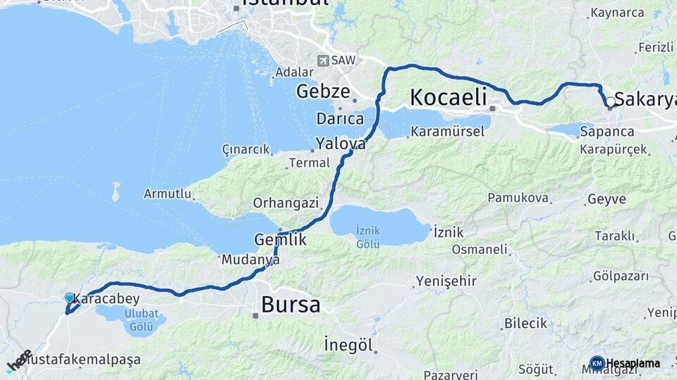 Bursa Karacabey Sakarya Arası Kaç Km - Yol Haritası