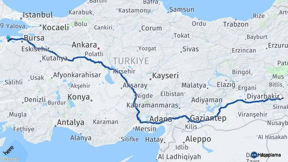 Bursa Karacabey Siirt Arası Kaç Km - Yol Haritası