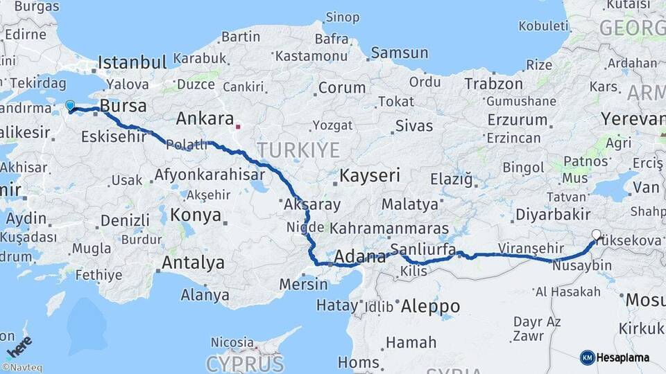 Bursa Karacabey Şırnak Arası Kaç Km - Yol Haritası