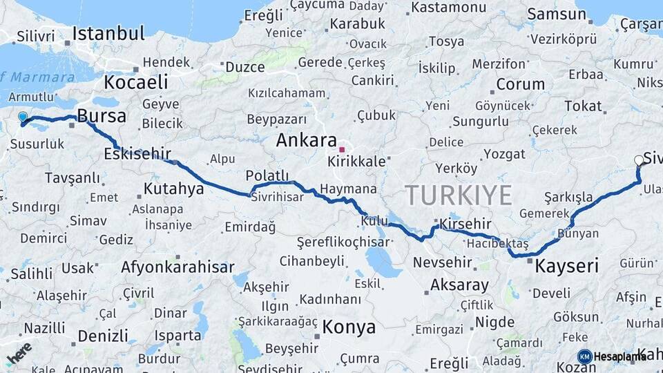 Bursa Karacabey Sivas Arası Kaç Km - Yol Haritası