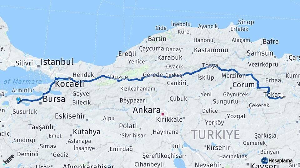 Bursa Karacabey Tokat Arası Kaç Km - Yol Haritası