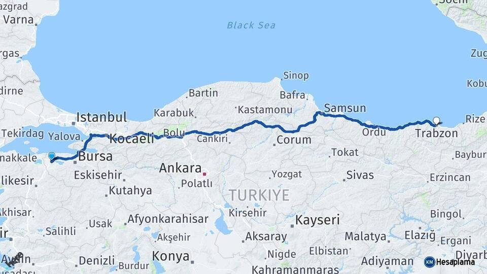 Bursa Karacabey Trabzon Arası Kaç Km - Yol Haritası