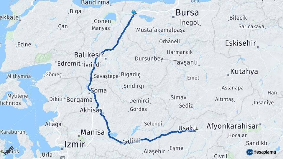 Bursa Karacabey Uşak Arası Kaç Km - Yol Haritası