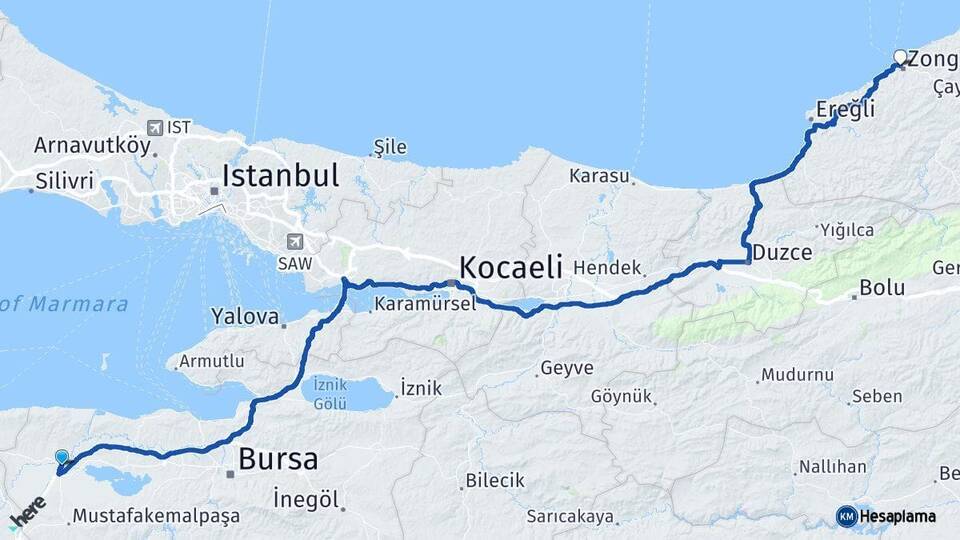 Bursa Karacabey Zonguldak Arası Kaç Km - Yol Haritası