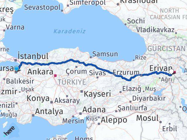 Bursa Karakoyunlu Iğdır Arası Kaç Km - Yol Haritası