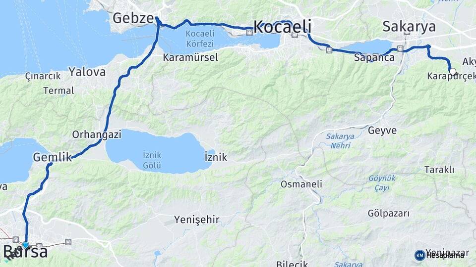 Bursa Karapürçek Sakarya Arası Kaç Km - Yol Haritası