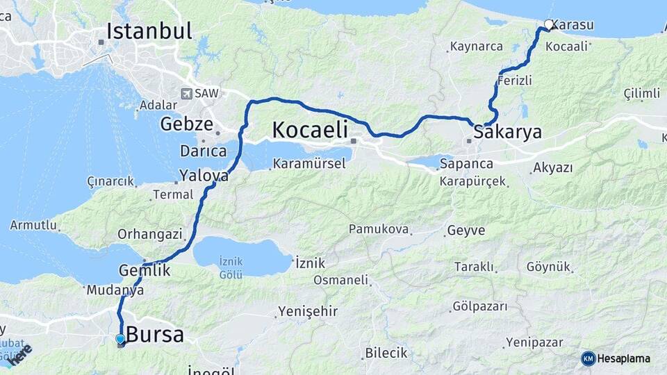 Bursa Karasu Sakarya Arası Kaç Km - Yol Haritası