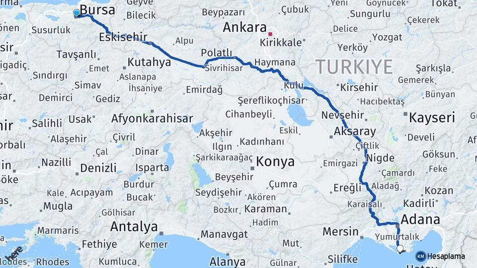 Bursa Karataş Adana Arası Kaç Km - Yol Haritası