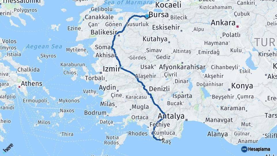 Bursa Kaş Antalya Arası Kaç Km - Yol Haritası