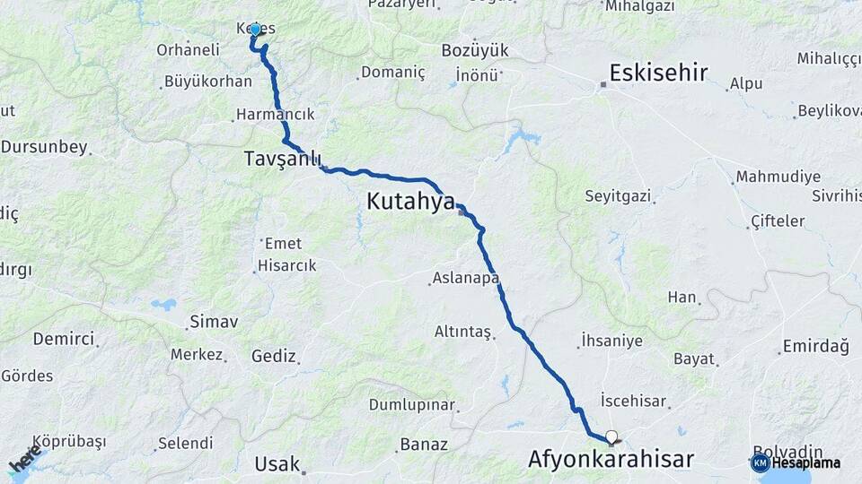 Bursa Keles Afyonkarahisar Arası Kaç Km - Yol Haritası