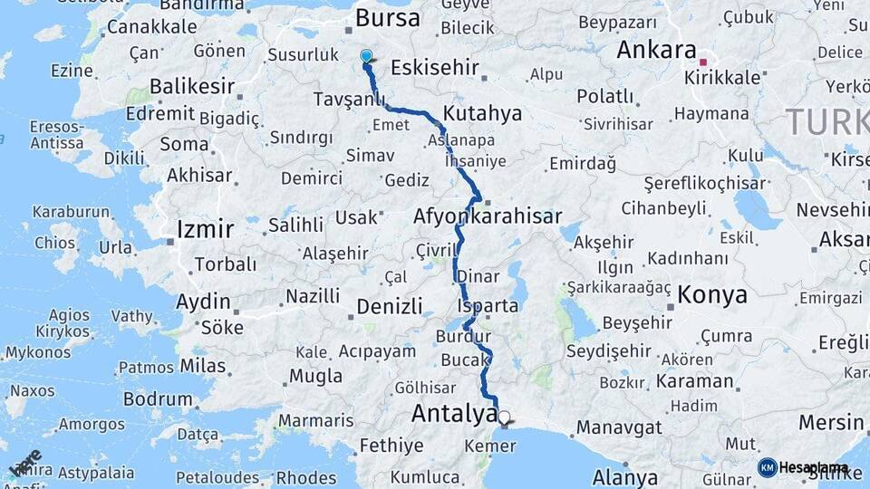 Bursa Keles Antalya Arası Kaç Km - Yol Haritası