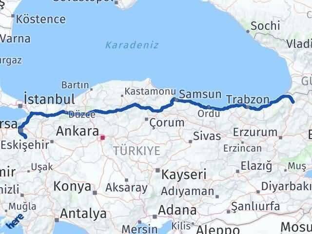 Bursa Keles Artvin Arası Kaç Km - Yol Haritası